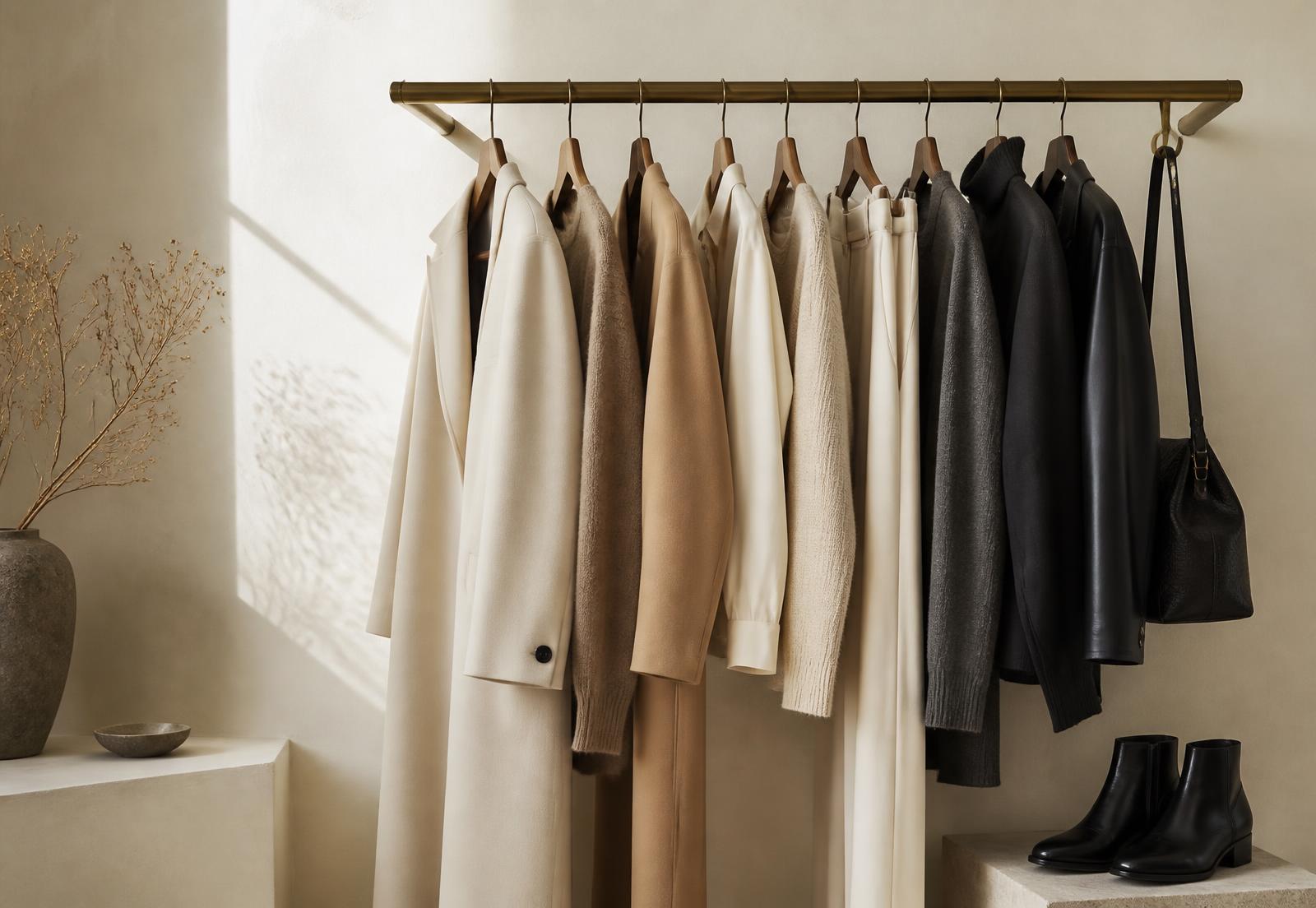 Capsule wardrobe di capi neutri appesi a una barra in ottone